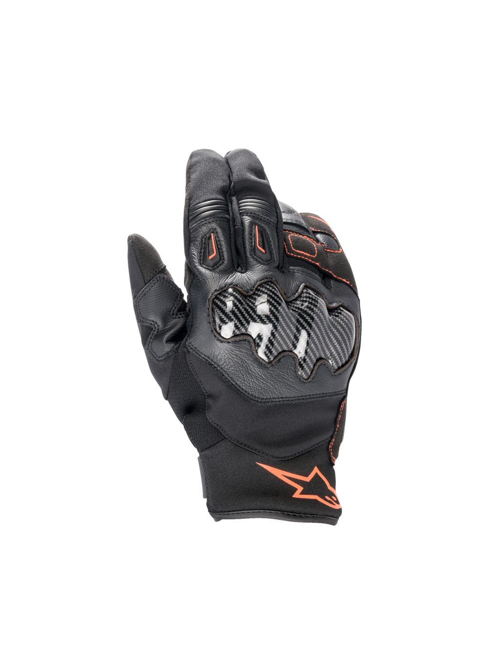 Alpinestars Smx-1 Drystar® Gloves, waterproof motorcycle road gloves, black and red fluo, featuring carbon knuckle guards.