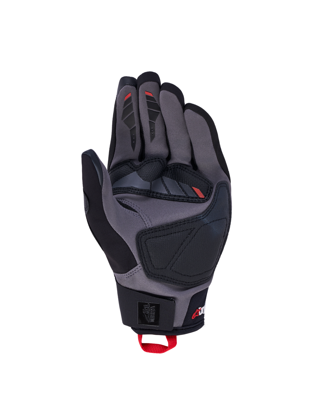 Alpinestars Maxdura Drystar Gloves, all-terrain motorcycle touring gloves in black deep gray with red details, featuring waterproof Drystar membrane and tech suede palm reinforcements