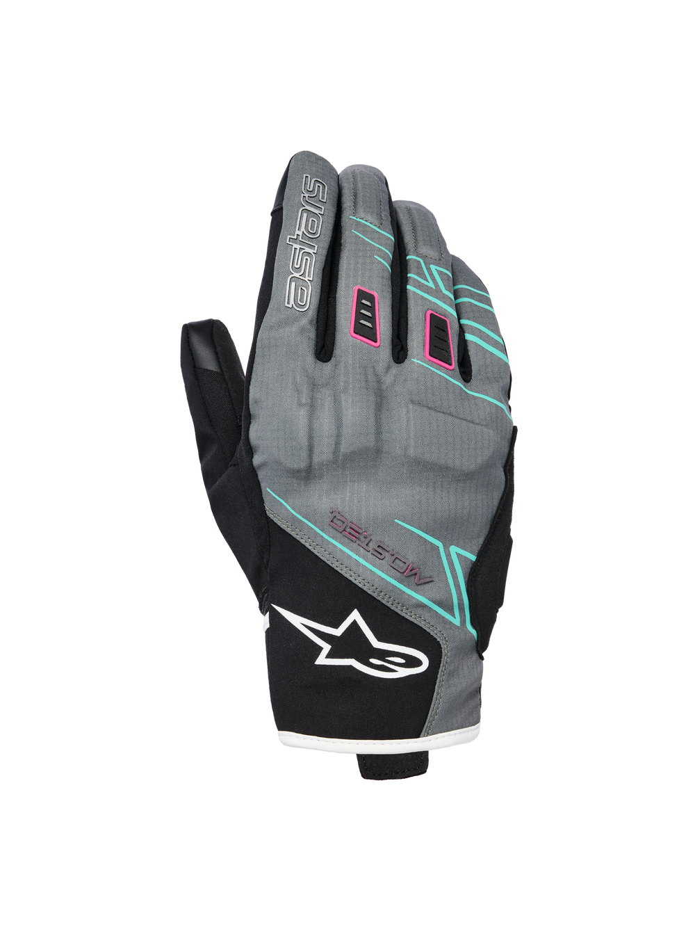 Alpinestars Stella Moblast Waterproof Gloves, Women's Motorcycle Gloves, Fur Gray and Black with Pink and Turquoise Accents, short-cuff design featuring MO.ST.EQ. branding, textile construction with protective knuckle padding and white Alpinestars logo