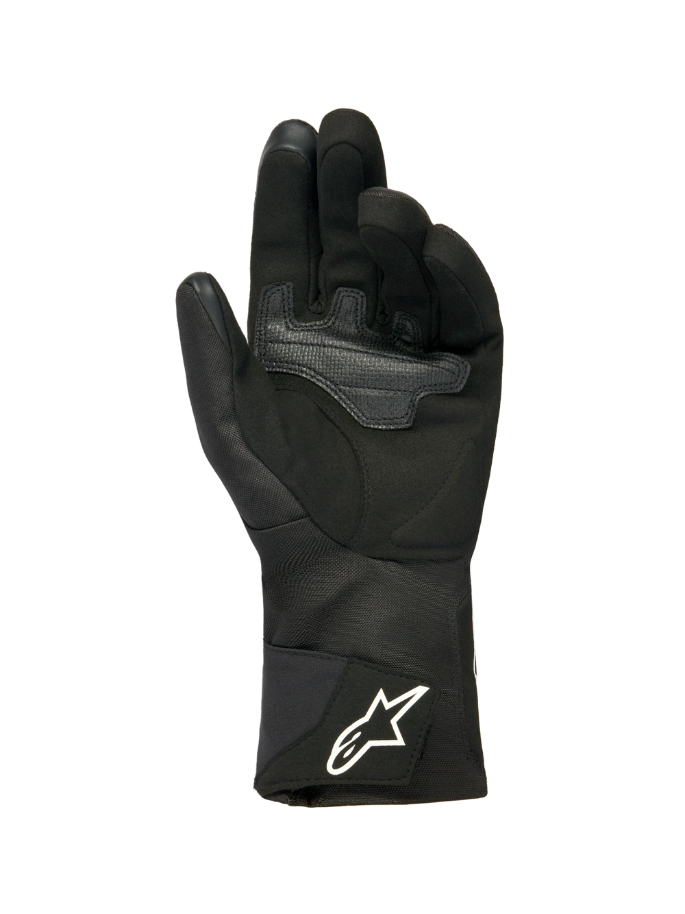 Alpinestars Woman Stella WT-1 Drystar® Insulated Gloves, Black, palm view featuring soft suede with overlay reinforcement for grip, long textile cuff with white Alpinestars logo on the strap, touchscreen compatible fingertips, technical winter motorcycle gear