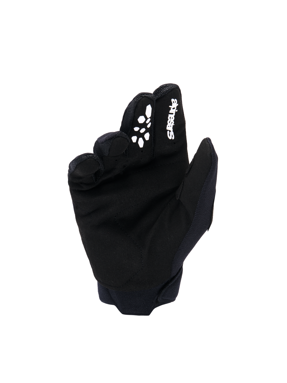 Alpinestars Youth & Kids Full Bore V2 Gloves, Motocross Gloves, Black and White, Palm view showing synthetic suede material, white Alpinestars logo and silicone-printed grip on index finger, durable off-road racing gear