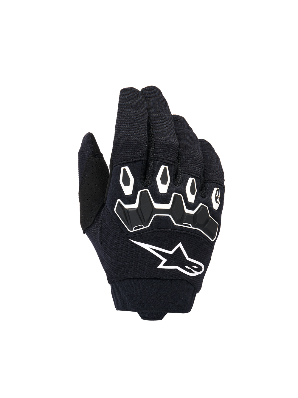 Alpinestars Youth & Kids Full Bore V2 Gloves, Motocross Gloves, Black and White, featuring ergonomic TPR knuckle protection with white outlines, large white Alpinestars logo, breathable textile construction for off-road racing
