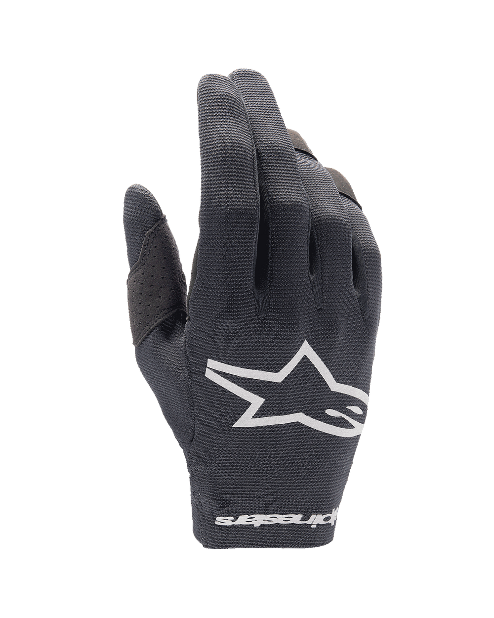 Alpinestars Youth 2024 Radar Gloves, Black Motocross Gloves, Youth MTB Gloves, White Star Logo, Perforated Design for Breathability, Flexible Textile Construction, Sporty Performance Gloves