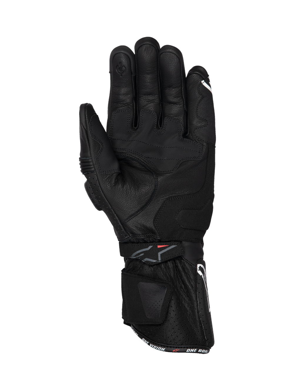 Alpinestars SP-3 black leather motorcycle racing gloves, palm view with long cuff and reinforced grip for road riding.