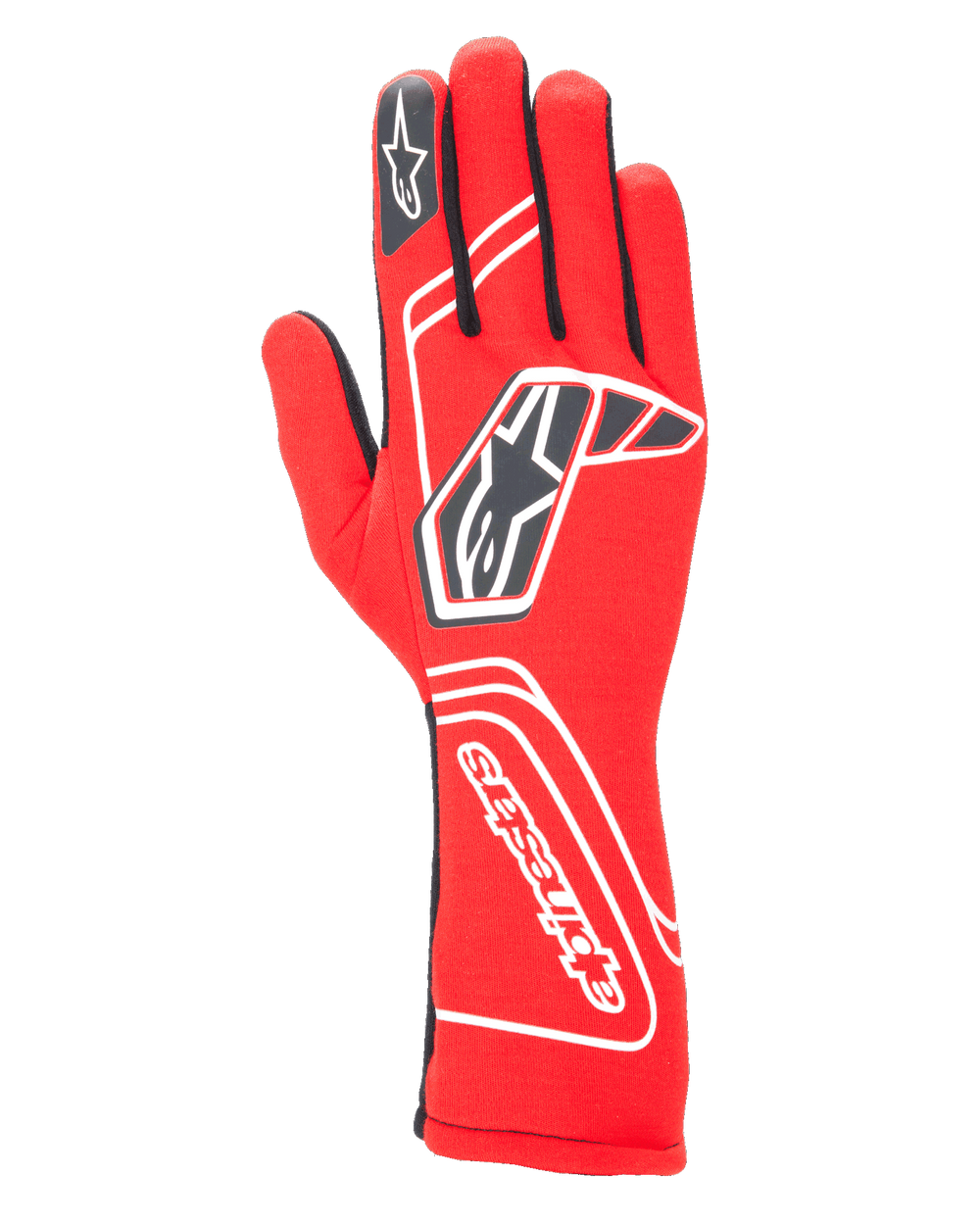 Alpinestars Tech-1 Start V4 Gloves FIA, Auto Racing Gloves, Red with Black and White accents, features prominent star logo on the back and brand name on the cuff, extended gauntlet design, professional motorsport gear