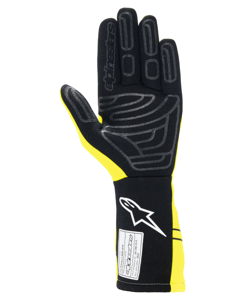Alpinestars Tech-1 Start V4 Gloves FIA, Auto Racing Gloves, Yellow Fluo and Black, palm view featuring silicone grip patterns, extended cuff with white logo and FIA certification label