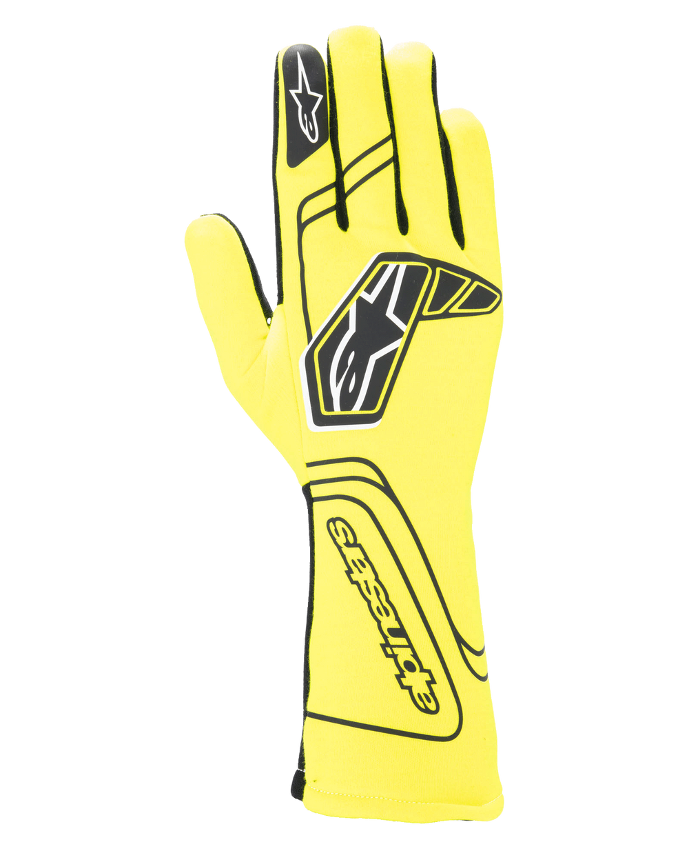 Alpinestars Tech-1 Start V4 Gloves FIA, Auto Racing Gloves, Yellow Fluo and Black, featuring a large black star logo on the back, seamless finger construction, and extended cuff for fire protection, FIA-approved motorsport gear