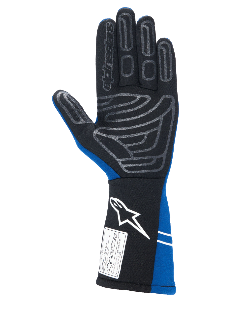 Alpinestars Tech-1 Start V4 Gloves FIA, Auto Racing Gloves, Royal Blue and Black, palm view featuring grey silicone grip pattern on fingers and palm, extended cuff with white logo and FIA homologation label