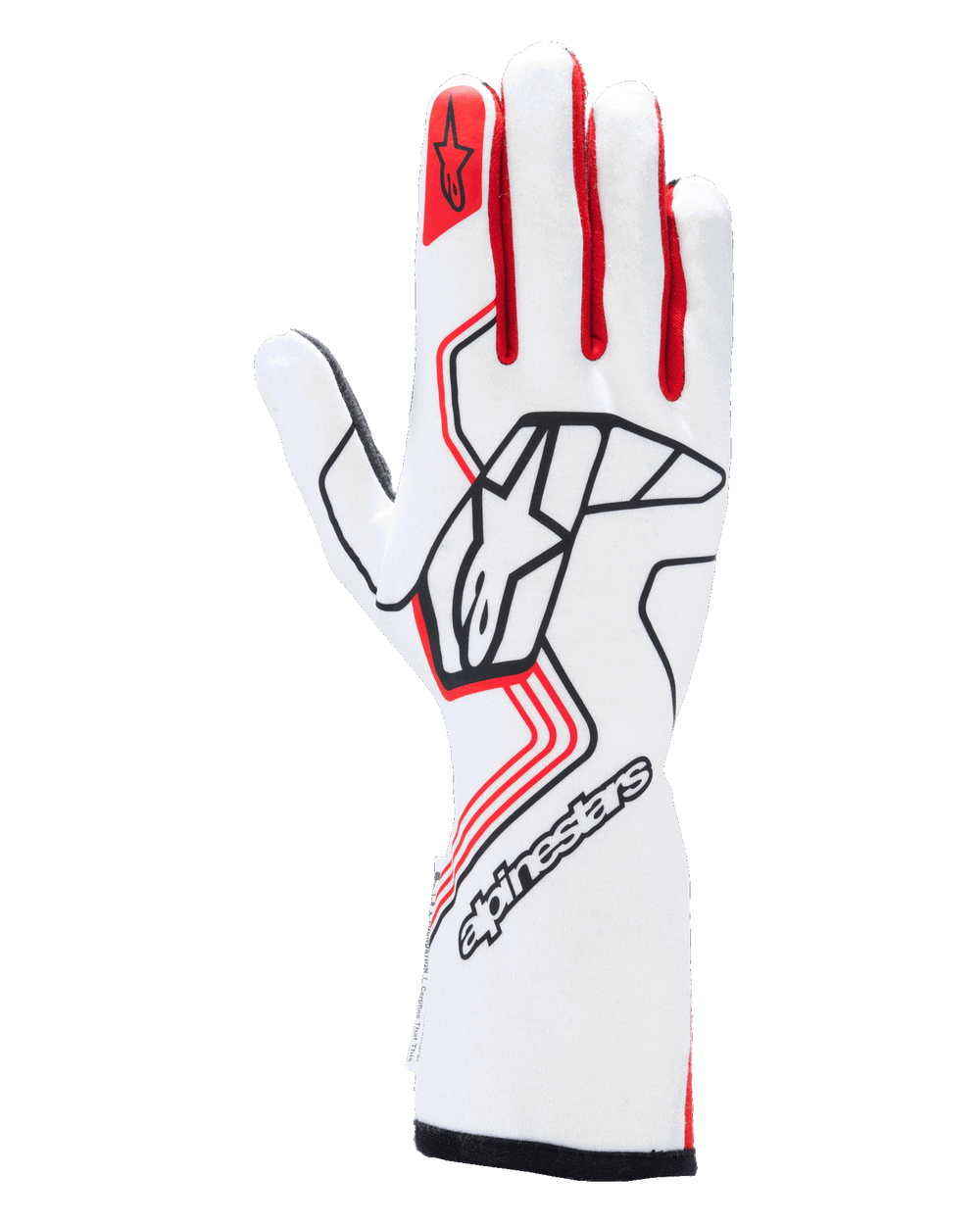 Alpinestars Tech-1 Race V4 Gloves, Auto Racing Gloves, White and Red with Black accents, featuring a bold black Alpinestars logo on the back of the hand, red star emblem on the index finger, professional full gauntlet design