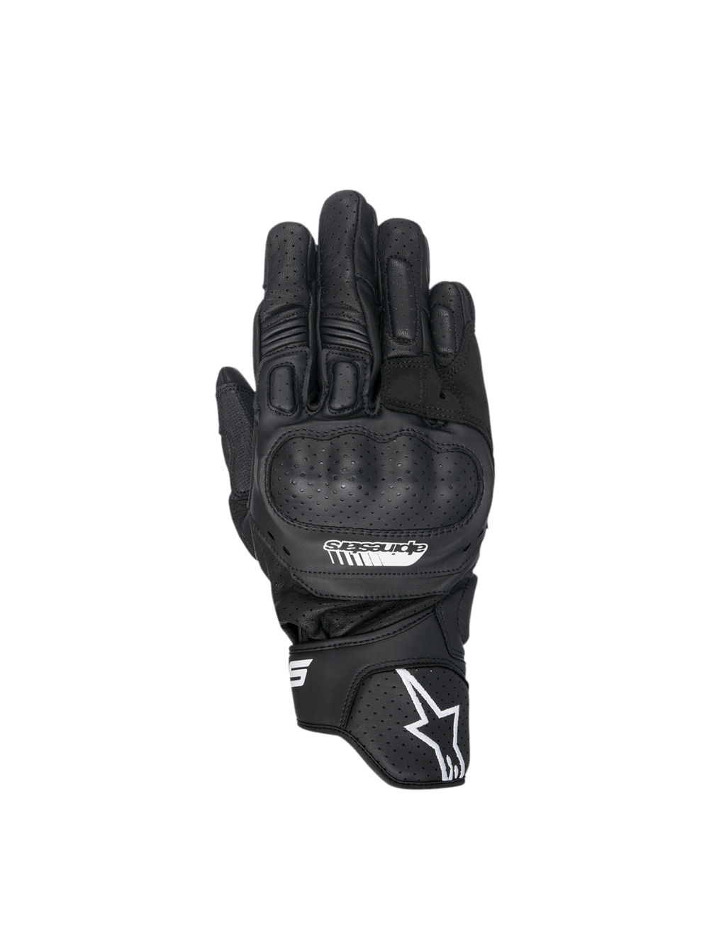 Alpinestars SP-5 Gloves, Black leather motorcycle racing gloves with polymer knuckle guards and perforated details.