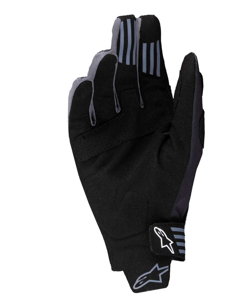 Alpinestars 2025 Techstar Gloves, Motocross Gloves, Black, palm view showing synthetic suede material with perforated details, silicone grip on fingertips, and white Alpinestars logo on the wrist closure.