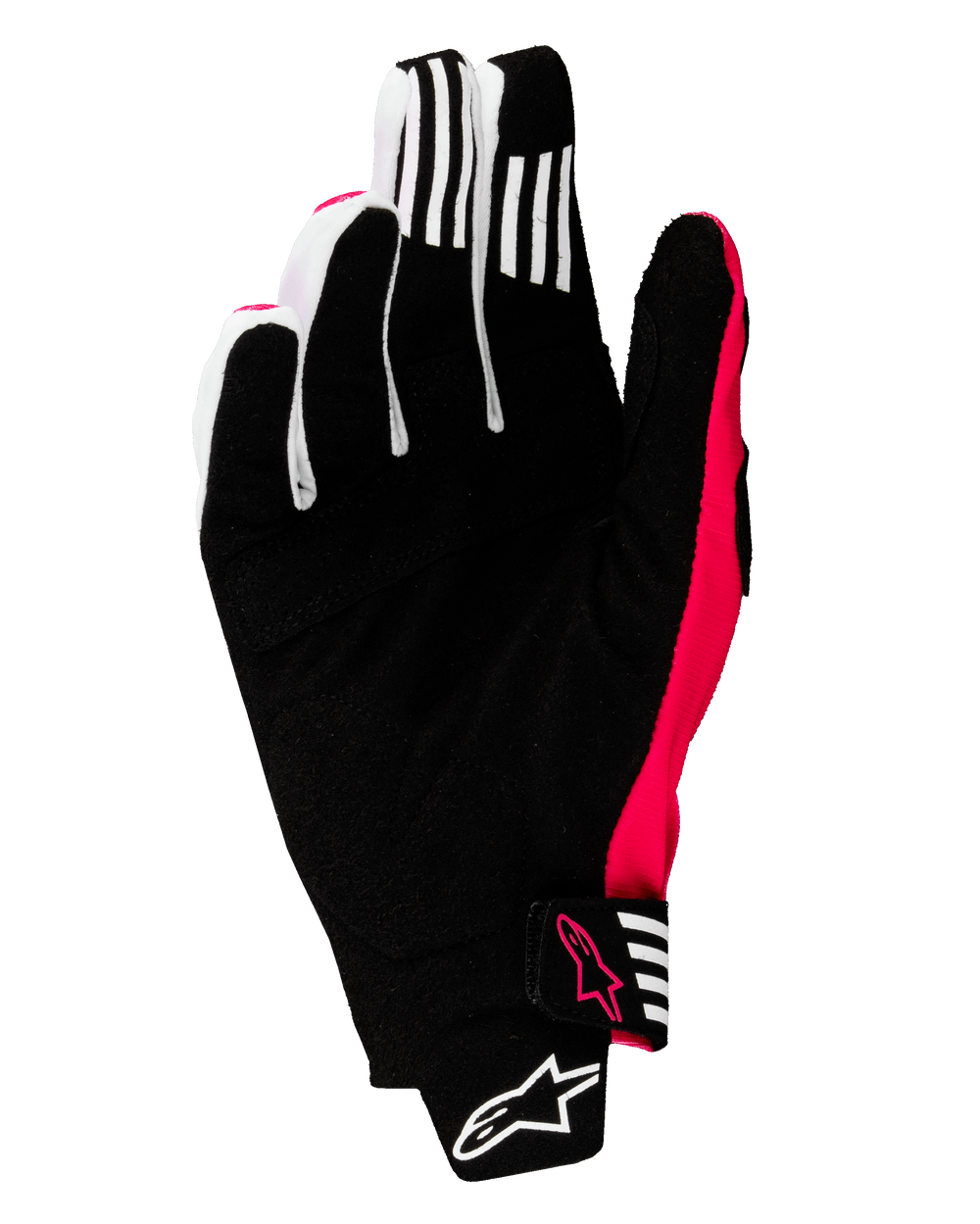 Alpinestars 2025 Techstar Gloves, Motocross Gloves, Black and Pink Fluo, palm view featuring reinforced synthetic suede, white grip stripes on fingers, pink fluo accents and logos, seamless wrist closure with Alpinestars branding