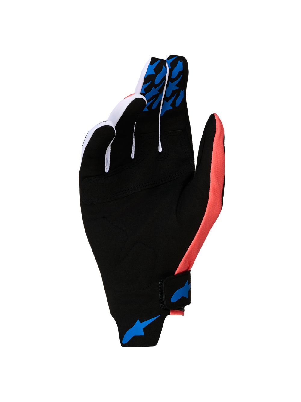 Alpinestars Techstar Gloves 2027, Motocross Gloves in Black and Pink with Blue silicone grips and synthetic suede palm.
