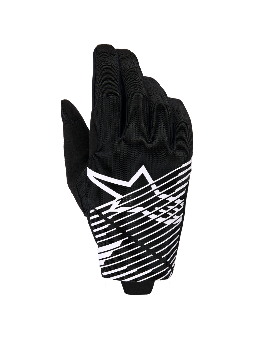 Alpinestars 2026 Radar Pro Gloves, Motocross Gloves, Black and White, featuring a white star logo and diagonal line graphic on the backhand, breathable mesh material with perforated details, performance off-road styling