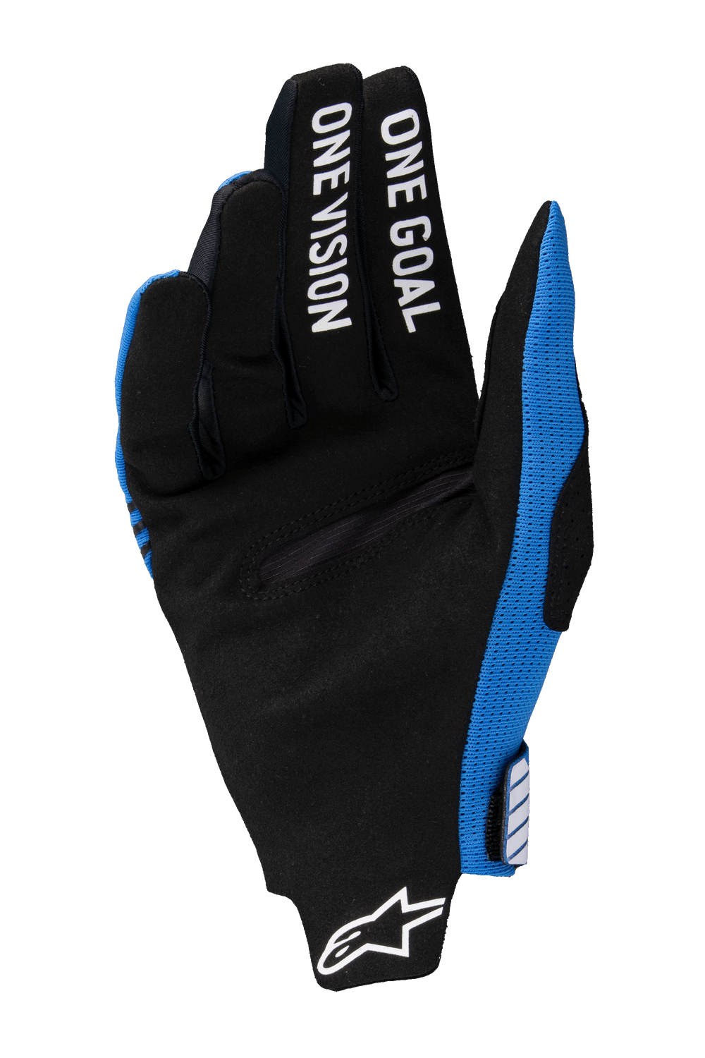 Alpinestars 2025 Radar Pro Gloves, Motocross Gloves, Blue and Black, palm view with black synthetic suede, white 