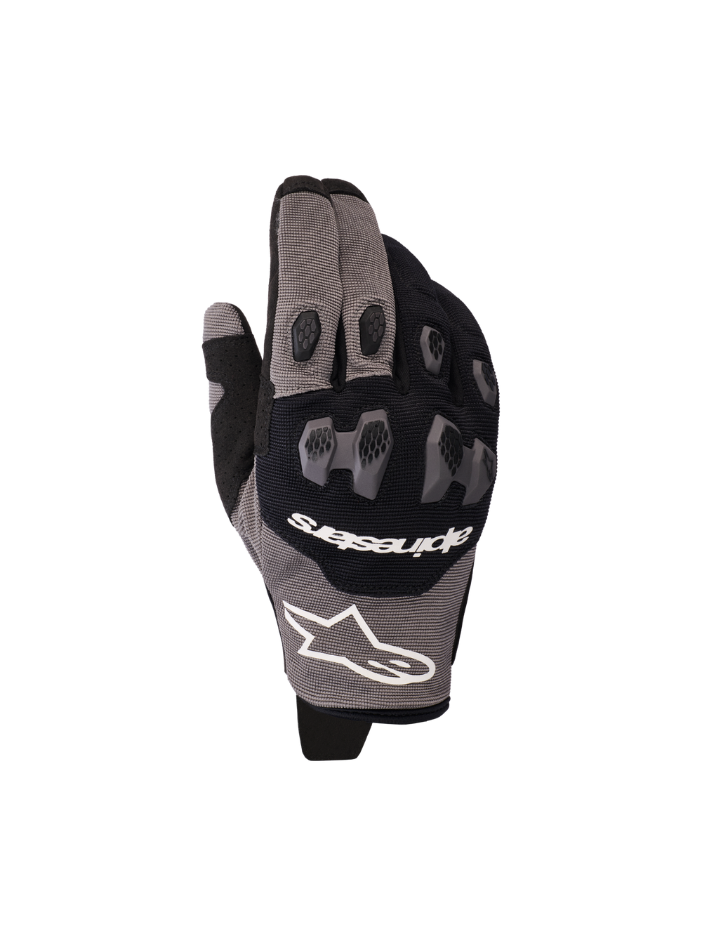 Alpinestars 2026 Pro-Dura Gloves, motorcycle gloves, Black and Gray, featuring two-piece TPR knuckle protection with a hexagonal pattern, white Alpinestars logo, mesh and multi-panel stretch construction, designed for enduro and off-road riding performance.