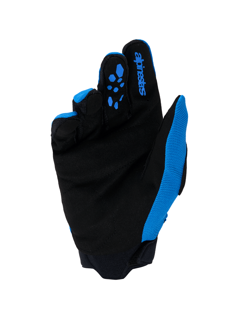 Alpinestars Full Bore V2 Gloves, Motocross Gloves, Ucla Blue and Black, palm view featuring reinforced synthetic suede, blue silicone grip patterns on fingers, Alpinestars logo branding, and durable neoprene cuff