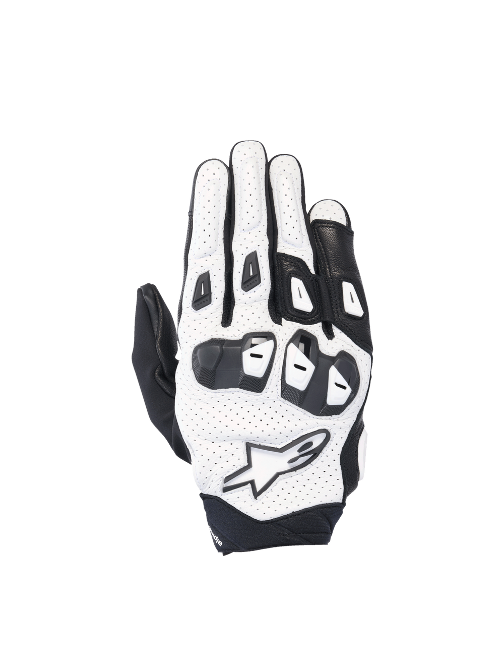 Alpinestars SP X 7 road racing gloves in white and black perforated leather with double-density TPU knuckles.