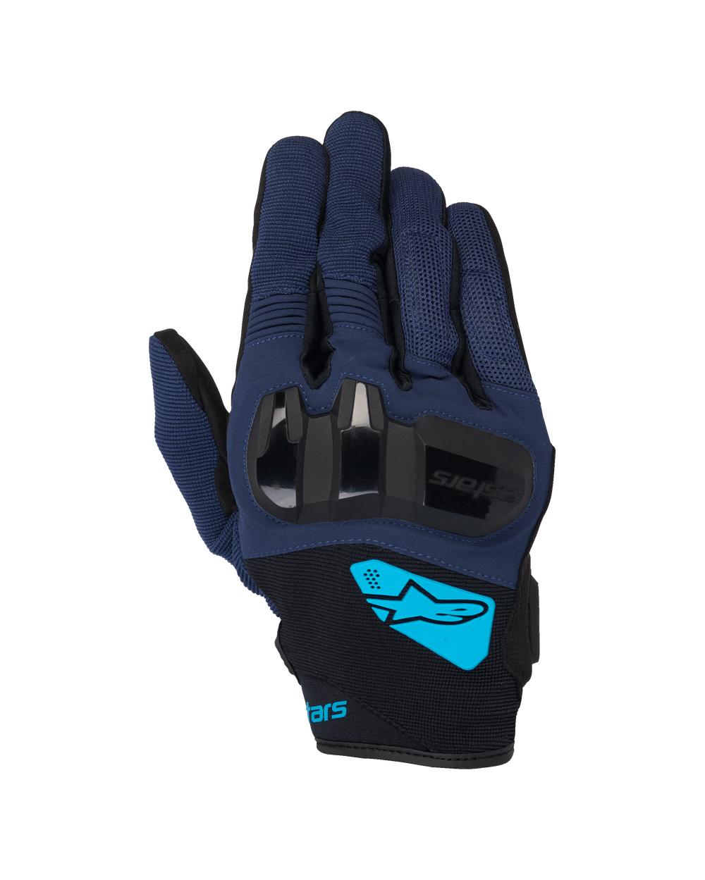 Alpinestars Chrome V2 Gloves, Motorcycle Gloves, Dark Blue and Black, featuring hard TPU knuckle protection, bright cyan Alpinestars logo on the wrist, short cuff urban riding gear