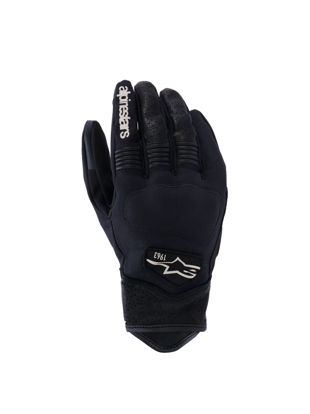 Alpinestars Tracker Gloves, Motorcycle Gloves, Black, backhand view showing stretch textile construction, perforated leather details on fingers and wrist, white branding on index finger, Alpinestars logo with 1963 on the back, padded knuckle area, short cuff urban design
