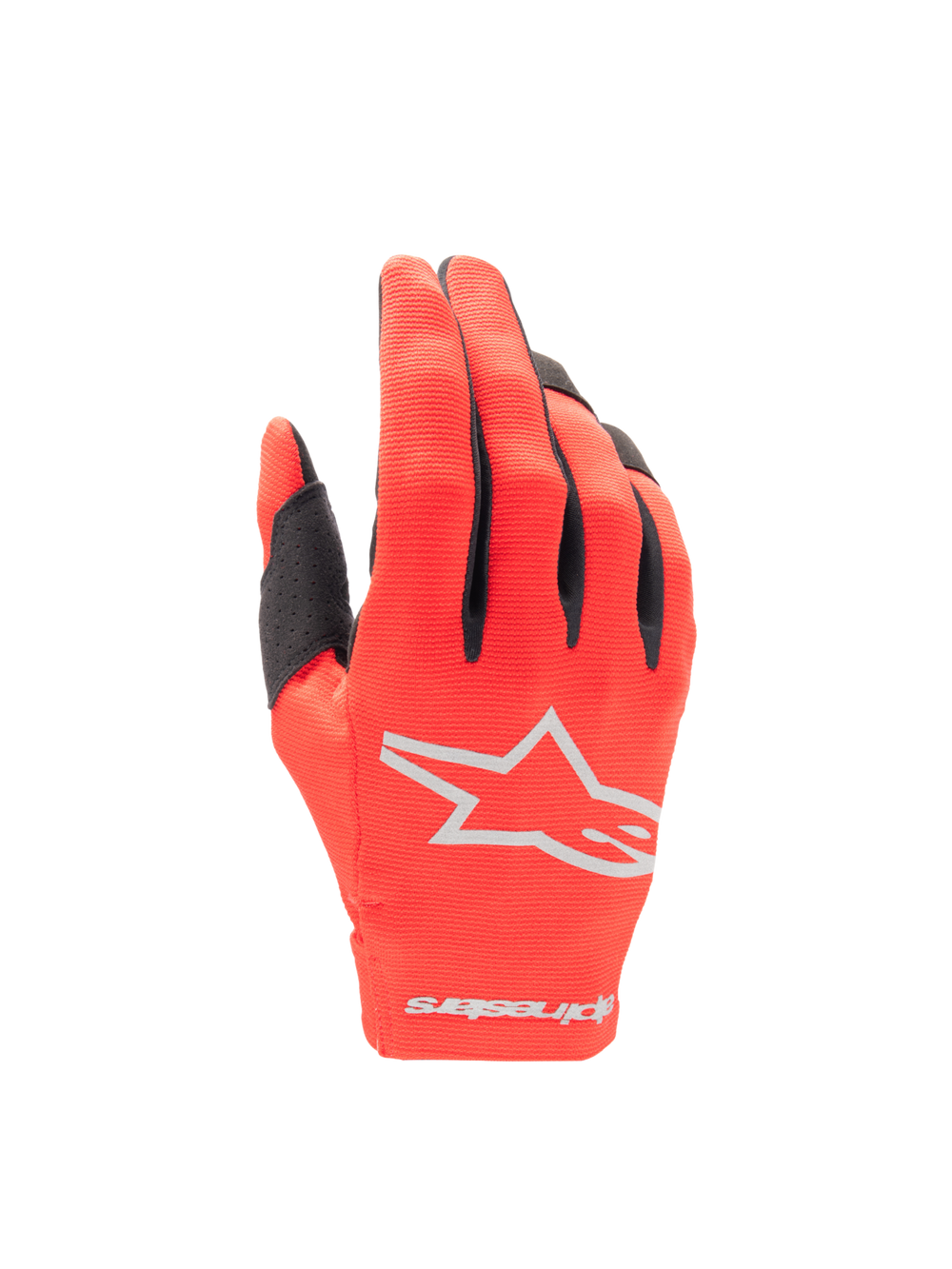 Alpinestars 2025 Radar Motocross Gloves in Mars Red and Silver, featuring a lightweight stretch textile backhand and star logo.