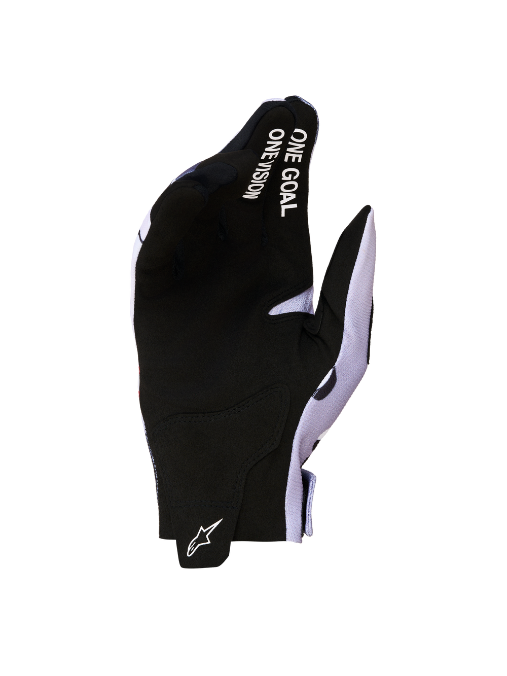 Alpinestars Radar Gloves 2027, black and gray motocross gloves with a synthetic suede palm and One Goal One Vision branding.