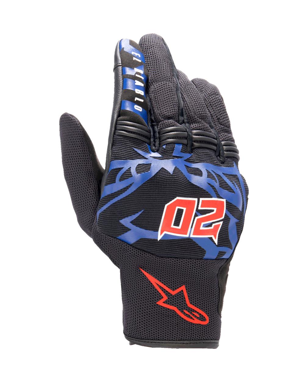 Alpinestars FQ20 Copper Gloves, urban motorcycle gloves, black with blue graphics and bright red accents, featuring the red horned number 20 and 