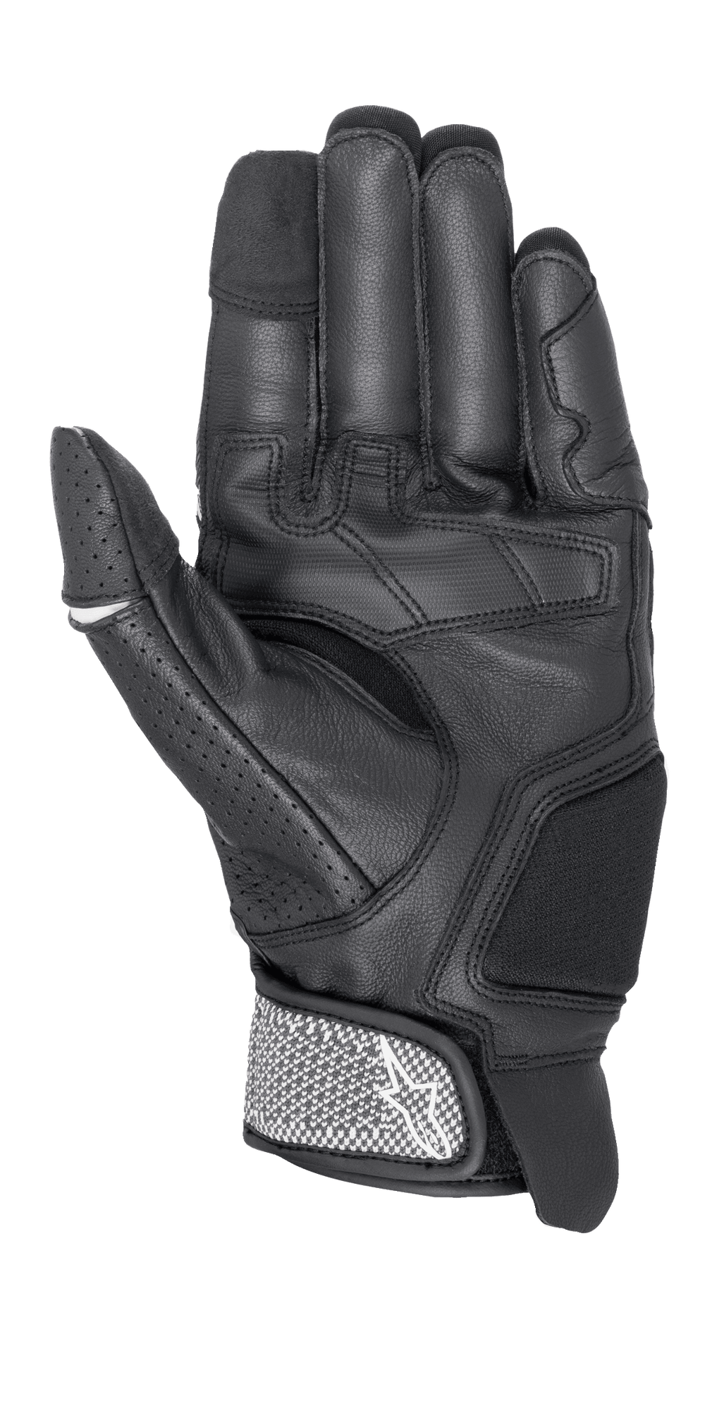 Alpinestars Morph Sport Gloves, Motorcycle Gloves, Black and White, palm side view showing reinforced panels, perforated thumb, and textured wrist strap with Alpinestars logo