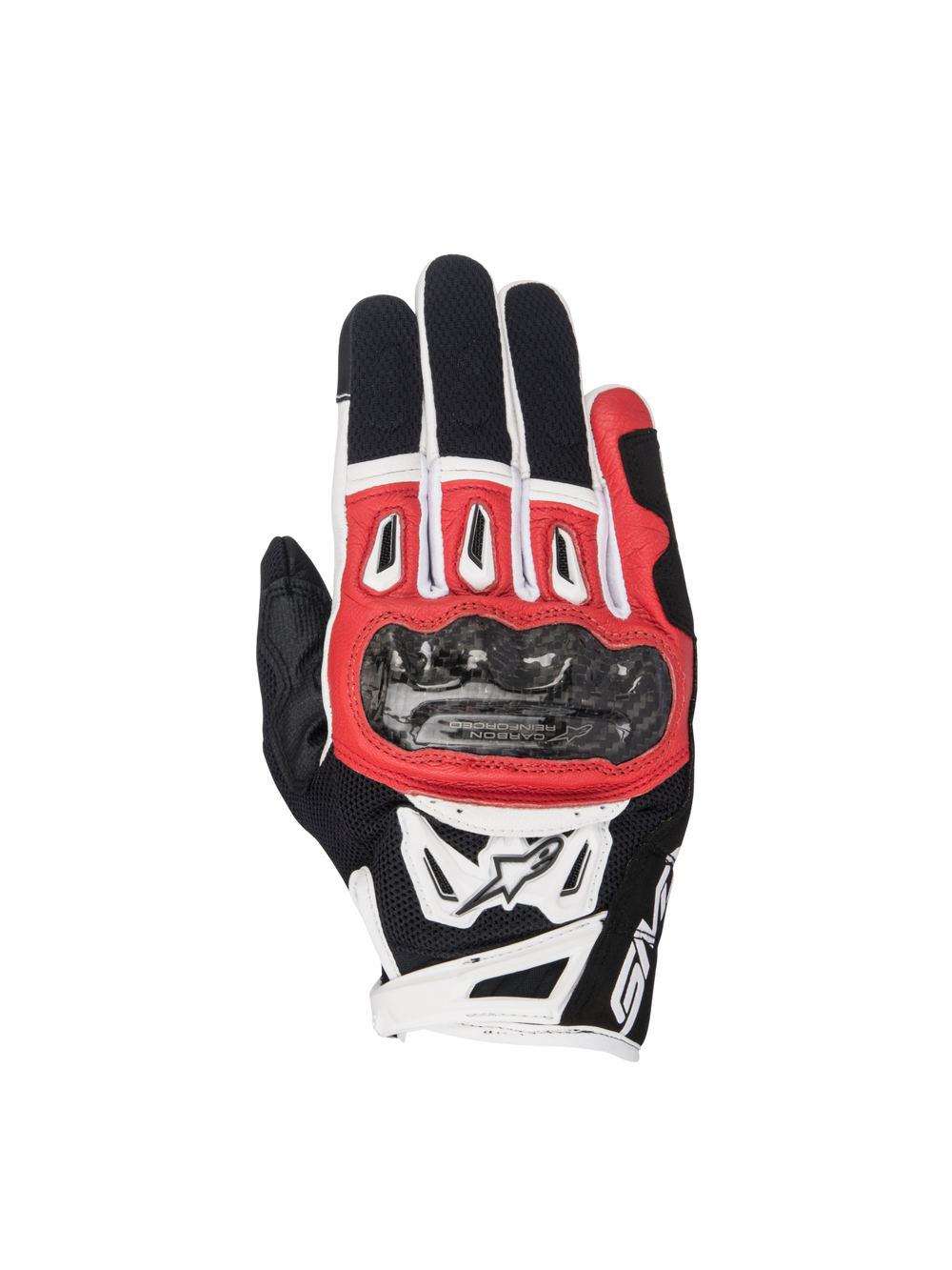 Alpinestars SMX-2 Air Carbon V2 motorcycle racing gloves in black, red, and white with carbon knuckle protection.