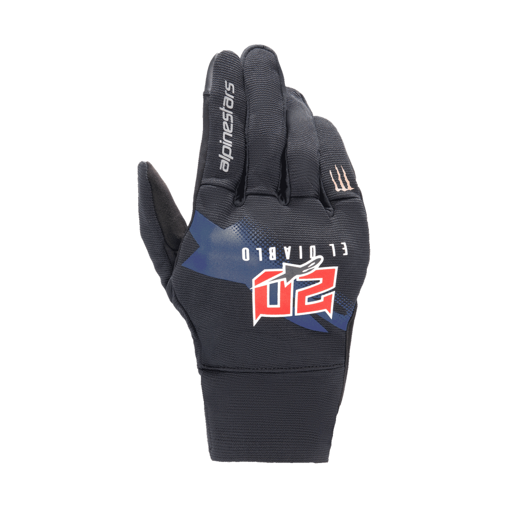 Alpinestars FQ20 Reef Monster Gloves for Men, Black and Red Urban Motorcycle Gloves with Fabio Quartararo graphics.