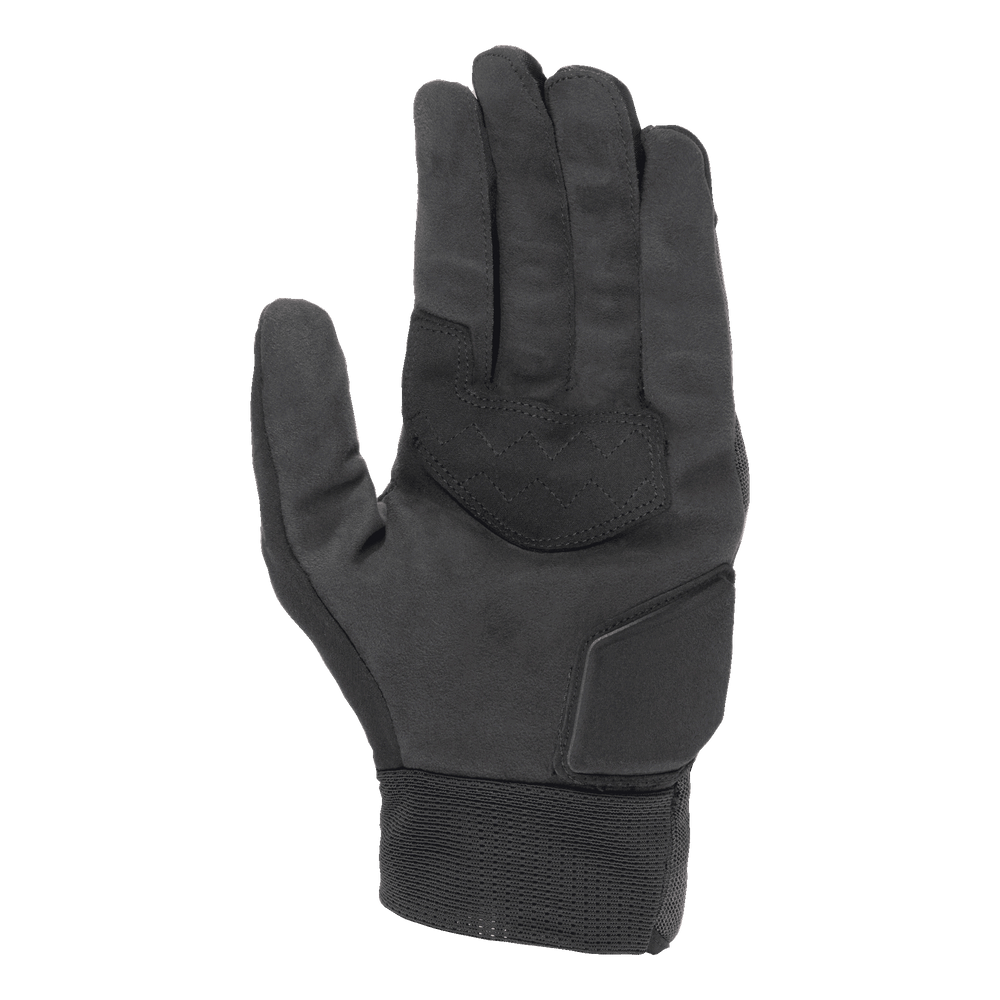Alpinestars Stated Air Gloves, Black, palm view showing soft synthetic suede texture, reinforced palm with zigzag stitching for grip, padded heel protection, and a ribbed elastic cuff