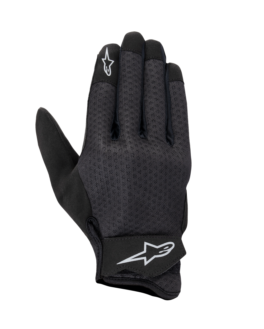 Alpinestars Stated Air Gloves, Motorcycle Gloves, Black, mesh backhand for maximum ventilation, white star logos on index finger and wrist strap, adjustable Velcro closure, lightweight synthetic material, streamlined urban design