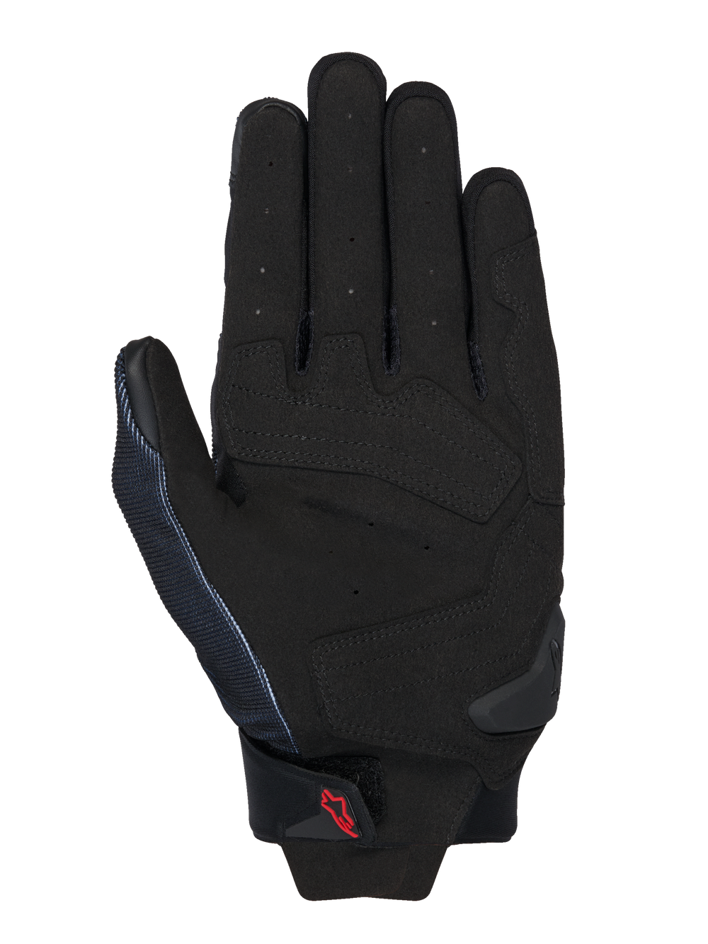 Alpinestars MM93 Spx 1 Gloves, Black, palm view showing synthetic leather construction with reinforced strike zones, perforated fingers for ventilation, TPR palm slider, and a small red Alpinestars logo on the wrist strap.
