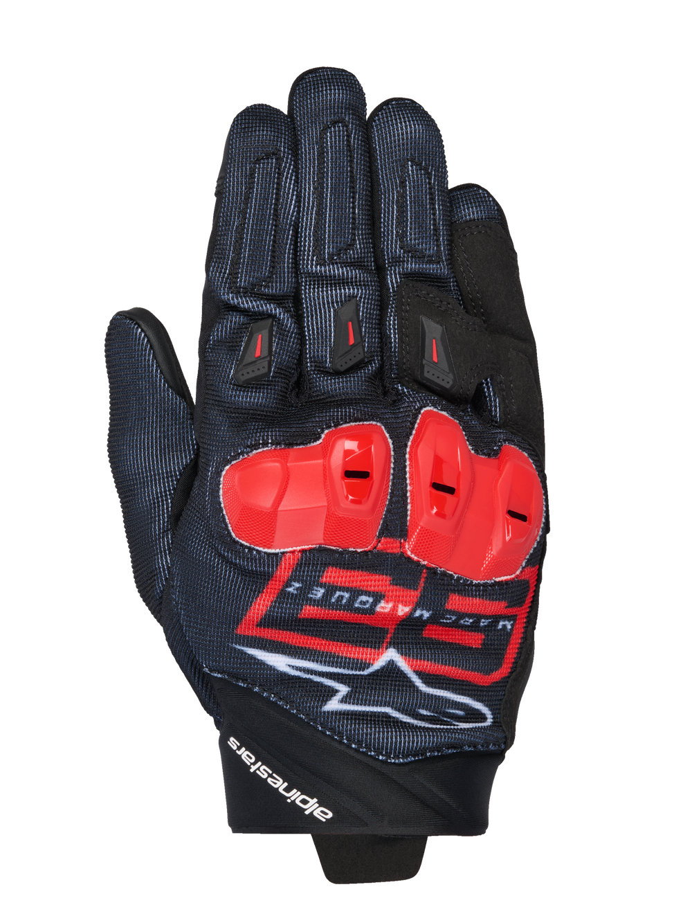MM93 Spx 1 Gloves, Motorcycle Racing Gloves, Black with Bright Red and White accents, Red protective knuckle guards, featuring the Marc Marquez 93 logo and Alpinestars branding, textured fabric with a sporty performance design