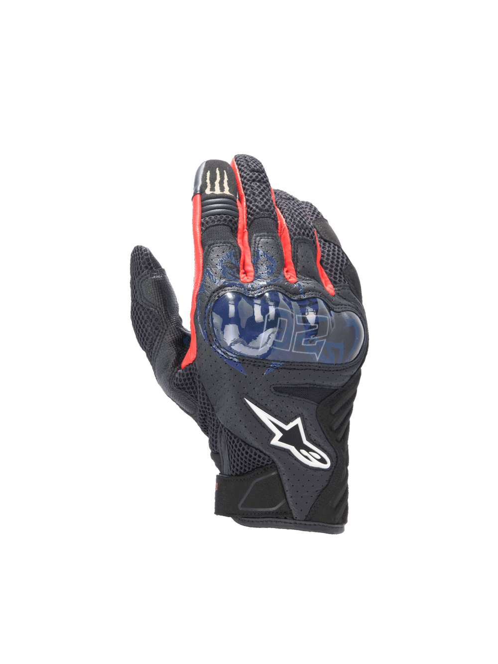 Alpinestars FQ20 SMX-1 Air V2 Monster Gloves, black and blue motorcycle gloves with mesh and hard knuckle protection.
