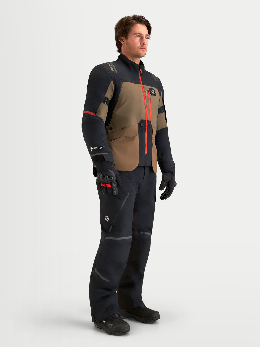 Alpinestars St-7 V2 2L Gore-Tex Jacket, Men's Adventure Touring Motorcycle Jacket, Walnut and Black with Red Accents, Waterproof Laminated Shell, CE Level 2 Certified Armor, worn by a model