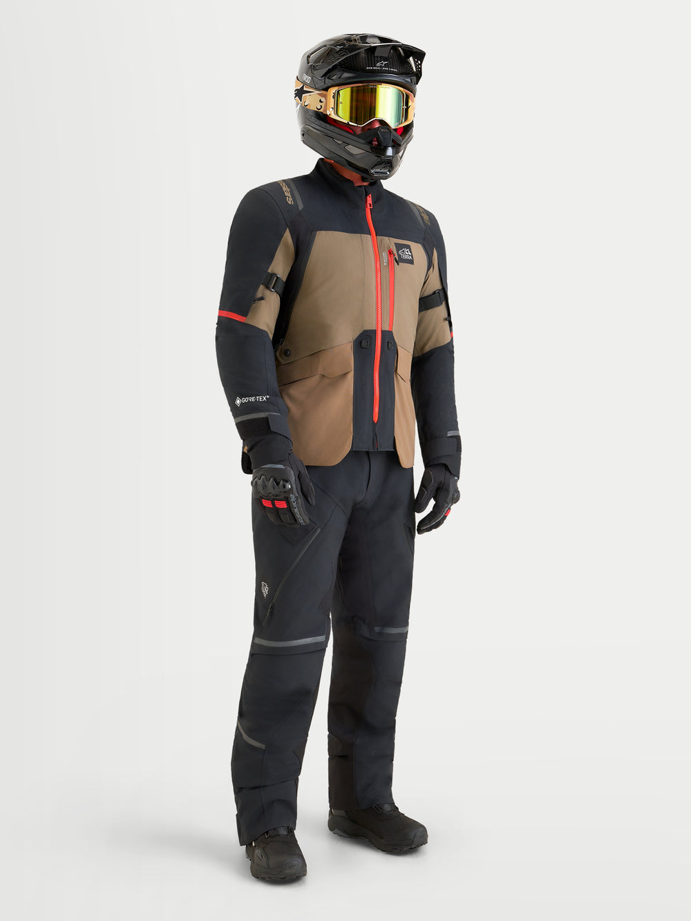 Alpinestars St-7 V2 2L Gore-Tex Jacket, Men's Adventure Touring Motorcycle Jacket, Walnut and Black, featuring GORE-TEX waterproof construction and direct ventilation, worn by a rider in full gear