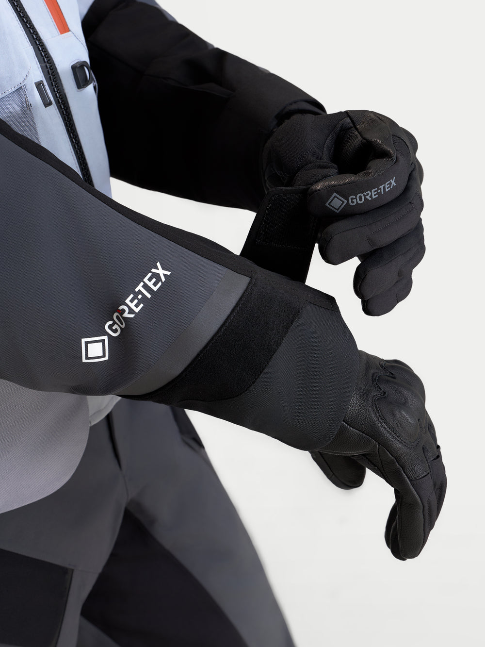 Alpinestars St-7 V2 2L Gore-Tex Jacket, Men's adventure motorcycle jacket cuff detail showing GORE-TEX branding, Mid Gray, Deep Gray and Black, waterproof textile construction with adjustable wrist closure