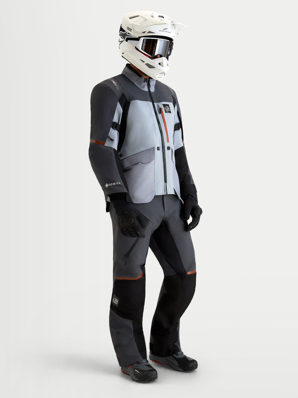 Alpinestars St-7 V2 2L Gore-Tex Jacket, Men's waterproof adventure touring motorcycle jacket, Mid Gray and Black, featuring GORE-TEX laminated construction and protective riding gear worn by a model