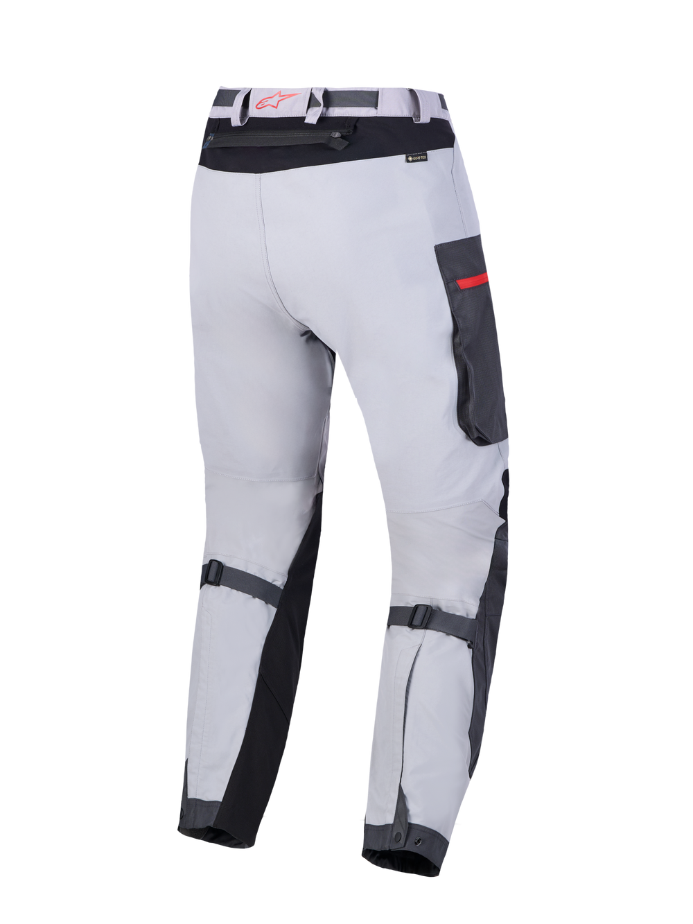Alpinestars Arenis Gore-Tex Pants, men's adventure touring motorcycle pants, mid gray, deep gray, and black, featuring waterproof 2L GORE-TEX laminated shell and CE certified protection, rear view