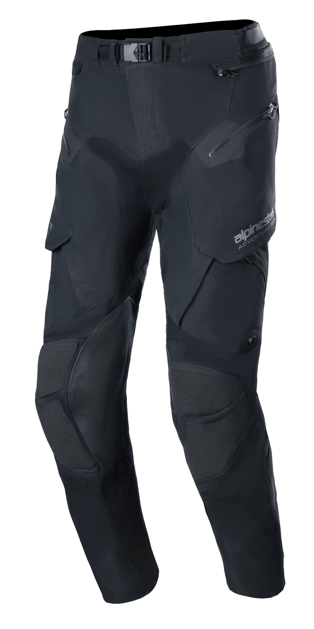 Alpinestars Boulder 3L GORE-TEX Pants, Adventure Motorcycle Pants, Black, technical textile design with magnetic buckle waist closure, reinforced knee panels with textured inserts, multiple zippered and cargo pockets, pre-curved ergonomic fit