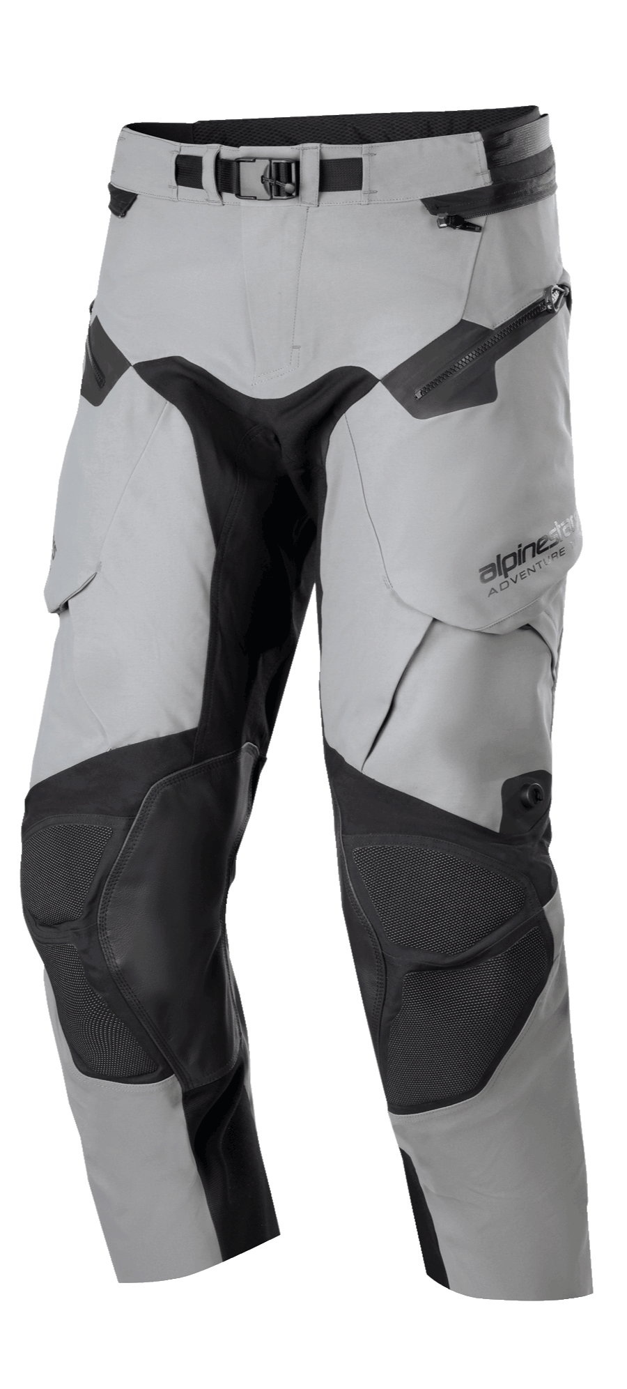 Alpinestars Boulder 3L GORE-TEX Pants - Short Length, Adventure Touring Motorcycle Pants, Dark Gray and Black, featuring reinforced knee panels, adjustable waist belt with buckle, waterproof zippers, and ergonomic pockets, durable construction for extreme weather