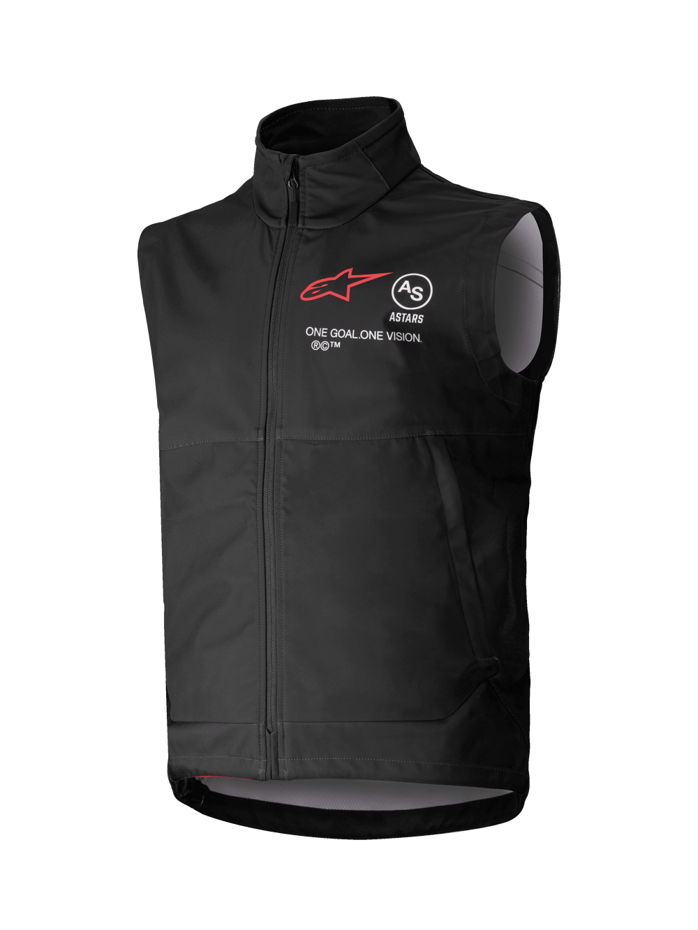 Alpinestars Techstar Softshell Vest, Black Sleeveless Motocross Vest, high collar with front zipper, featuring red star logo with 