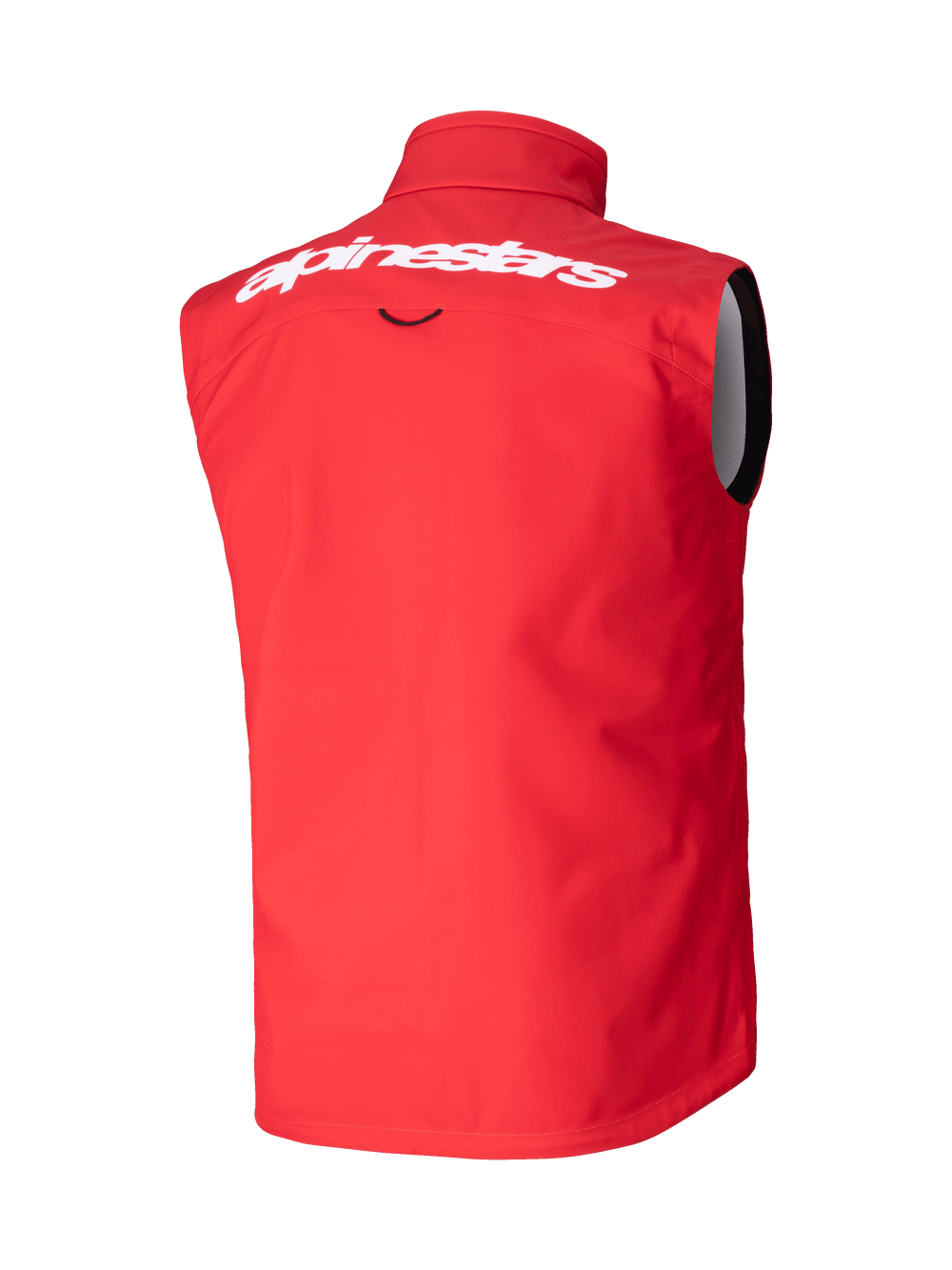Alpinestars Techstar Softshell Vest, Motocross Vest, Bright Red, Rear view featuring white Alpinestars wordmark on the upper back, windproof stretch softshell material, ergonomic sleeveless design for off-road riding