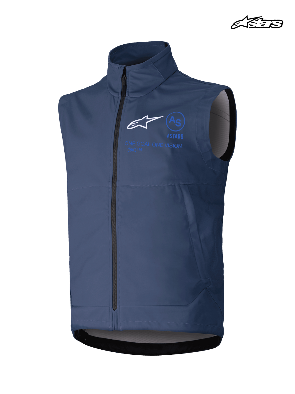 Alpinestars Techstar Softshell Vest, men's motocross riding vest, navy, windproof stretch softshell construction with full front zipper and branding graphics