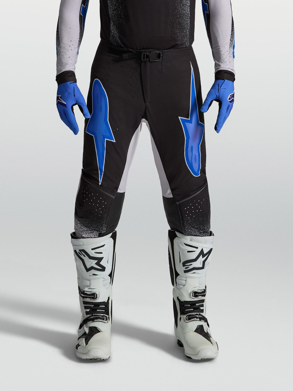 Alpinestars Supertech Hiten AFD Pants, black and blue men's motocross pants with lightweight stretch ripstop construction.