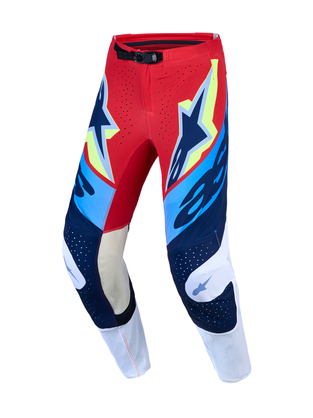 Alpinestars Supertech Dyna Pants, Men's Motocross Racing Pants, Red, White, and Navy Blue with leather knee panels.