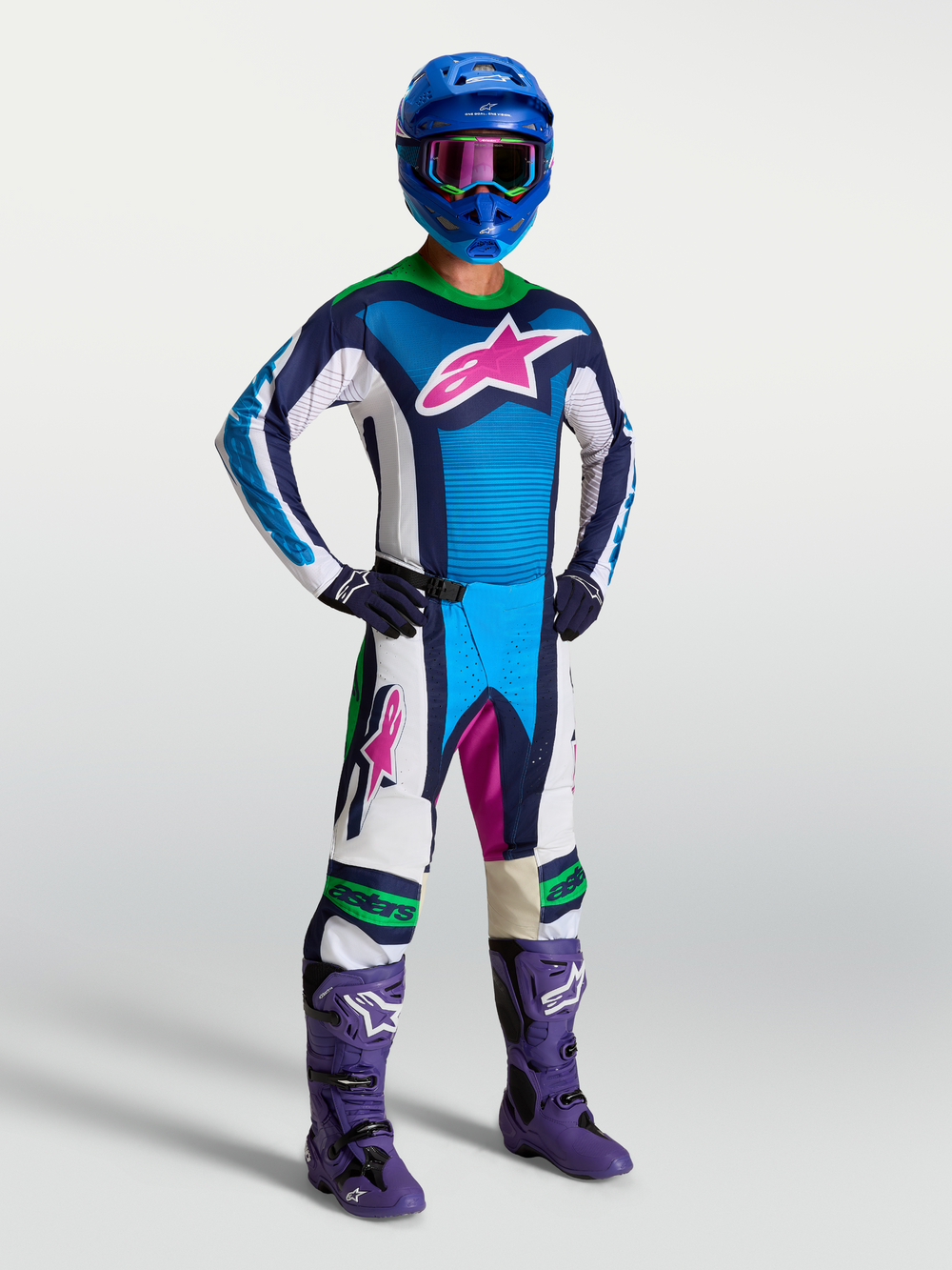 Alpinestars Techstar Maven Pants AND Techstar Maven Gear Set, men's blue and white motocross outfit with green fluo accents.