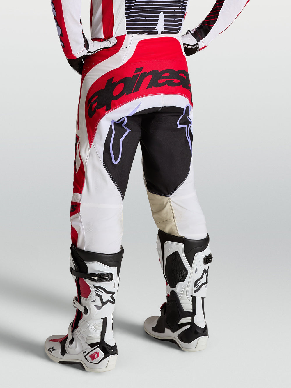 Alpinestars Techstar Maven Pants, Men's Motocross Pants in Fire Red and White, with reinforced seat and athletic race fit.