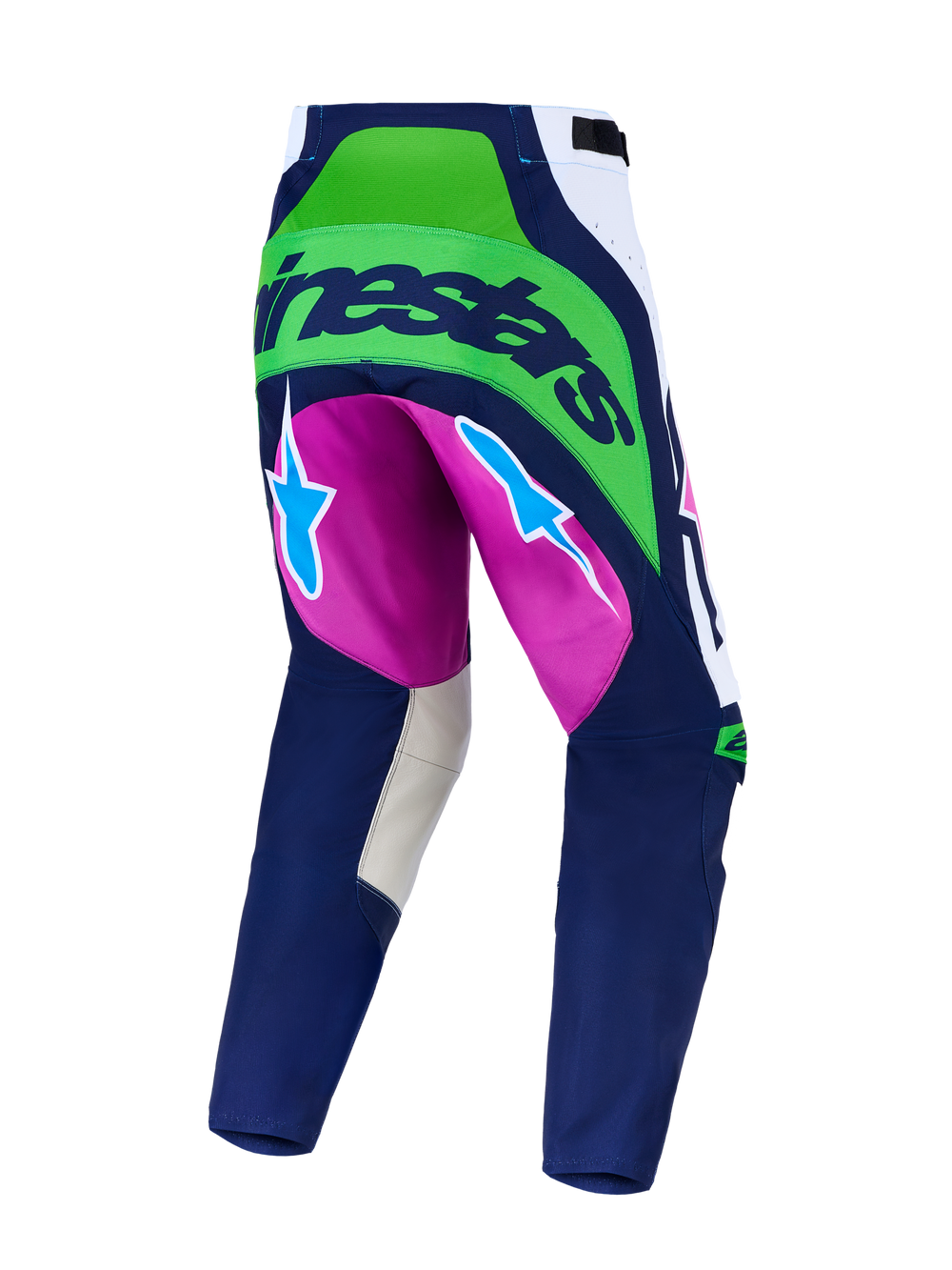 Alpinestars Techstar Maven Pants, blue and green fluo motocross pants with purple accents and back stretch zones.